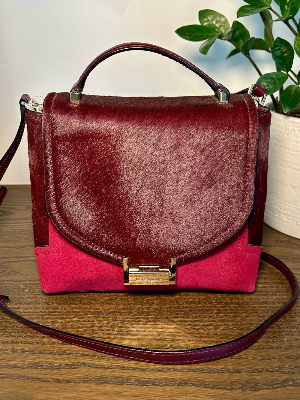 Kate Spade Burgundy Haircalf Red Suede Crossbody Satchel Bag